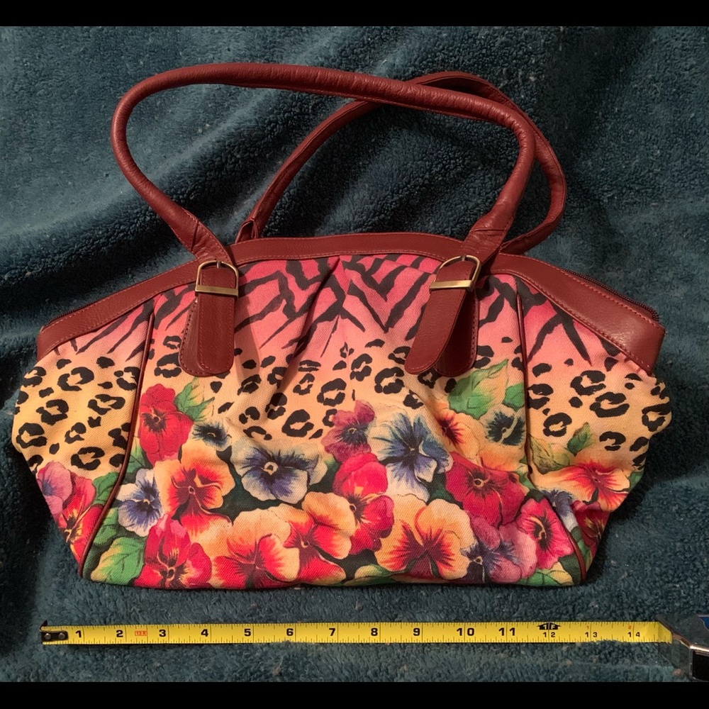 Unique Anuschka Animal Garden Canvas Print Leather Trim Studded Purse
